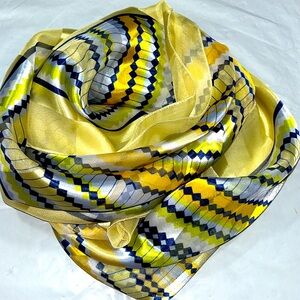 Vintage yellow white silky Big square scarf zig zag 70s print Mod, retro 39x39”